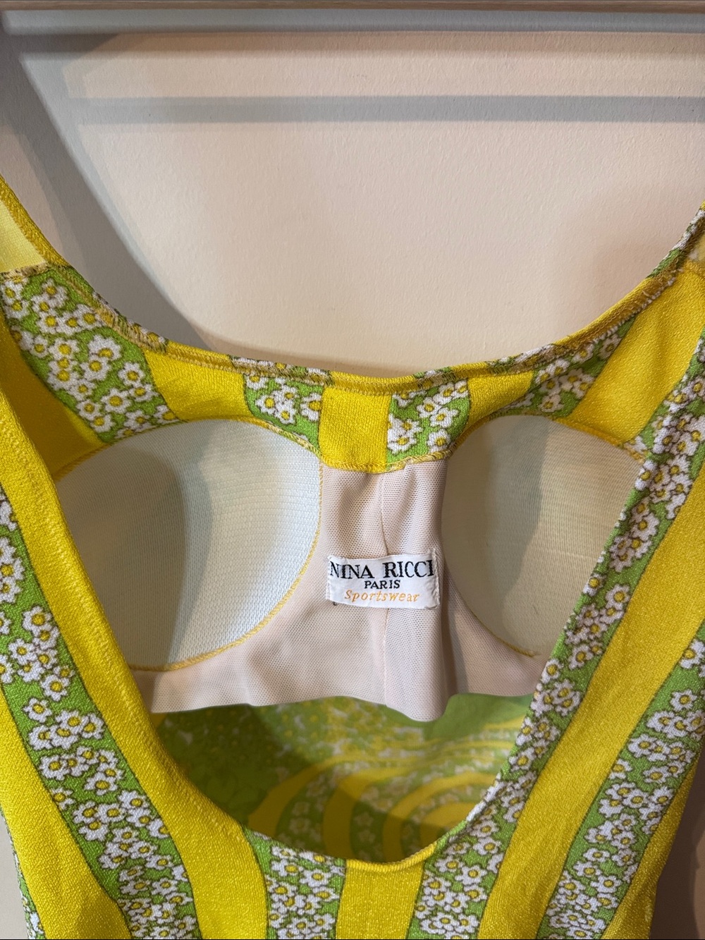 Vintage Nina Ricci Paris Mod Chartreuse Psychedelic Floral Bullet Bra Swimsuit - Picture 9 of 16